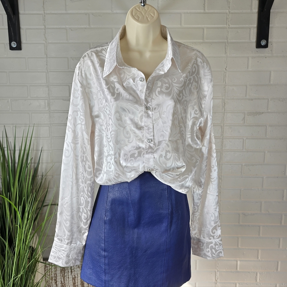 Zeroyaa White Patterned Siky Button Down Blouse O… - image 1
